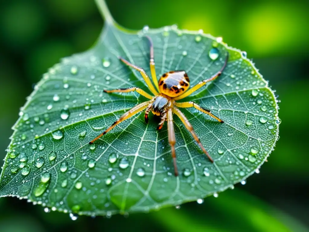 Una hoja verde vibrante cubierta de rocío, con una tela de araña delicada y detalles de sinergia entre plantas e insectos