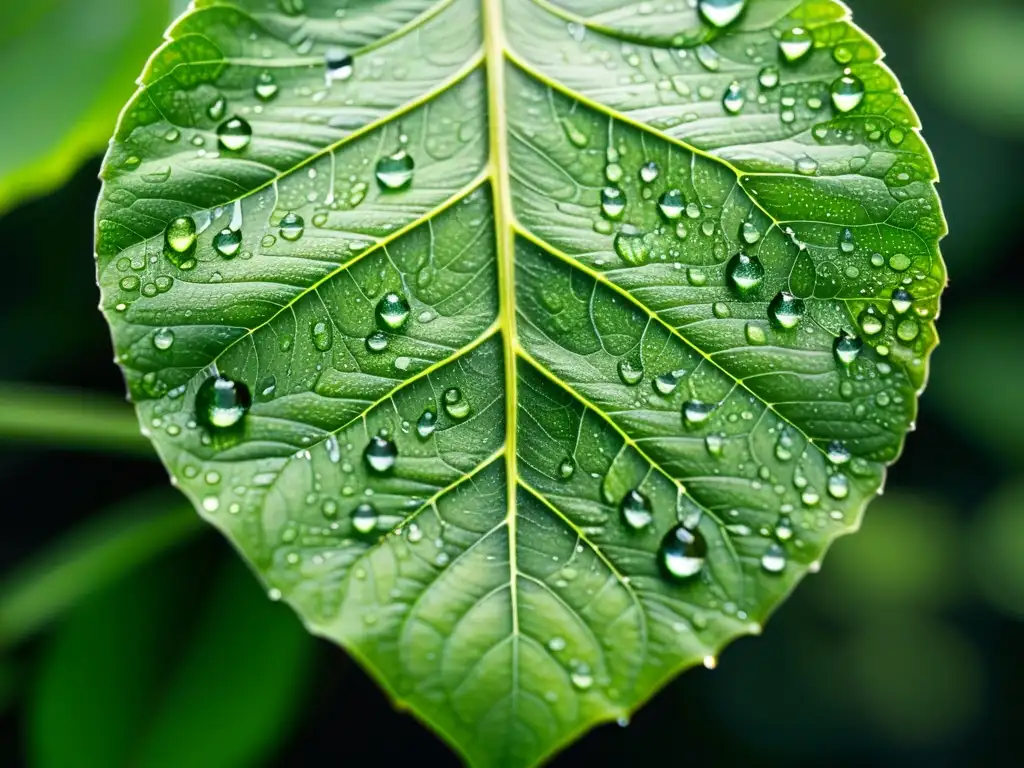 Una hoja verde vibrante cubierta de diminutas gotas de agua, con reflejos de colores y patrones