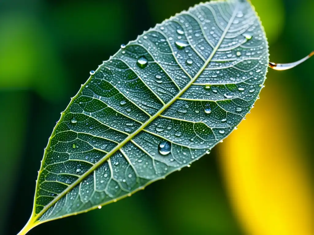 Una hoja verde vibrante cubierta de diminutas gotas de agua, iluminada por el sol con patrones y texturas delicados