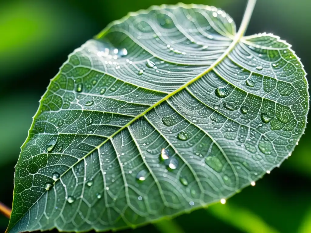 Una hoja verde vibrante cubierta de intrincadas telarañas con diminutas gotas de rocío