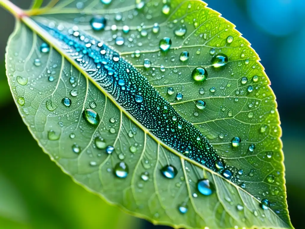 Una hoja verde vibrante cubierta de delicadas gotas de agua, reflejando el entorno y creando diminutos arcoíris