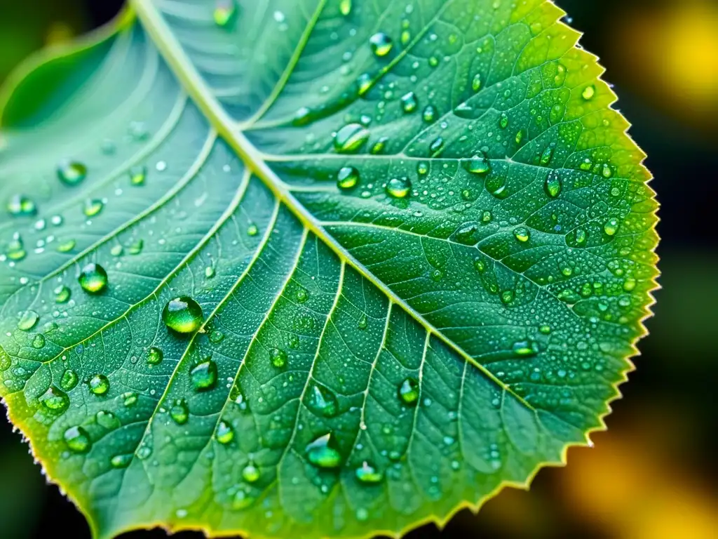 Una hoja verde vibrante cubierta de diminutas gotas de rocío iridiscentes