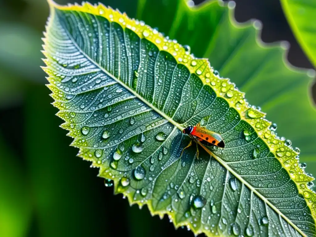 Una hoja verde vibrante cubierta de diminutas gotas de rocío, con un delicado insecto reposando entre ellas