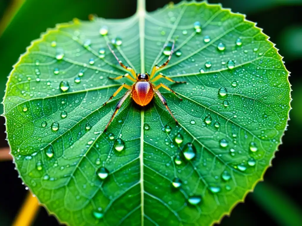 Una hoja verde vibrante cubierta de rocío y una telaraña con un insecto