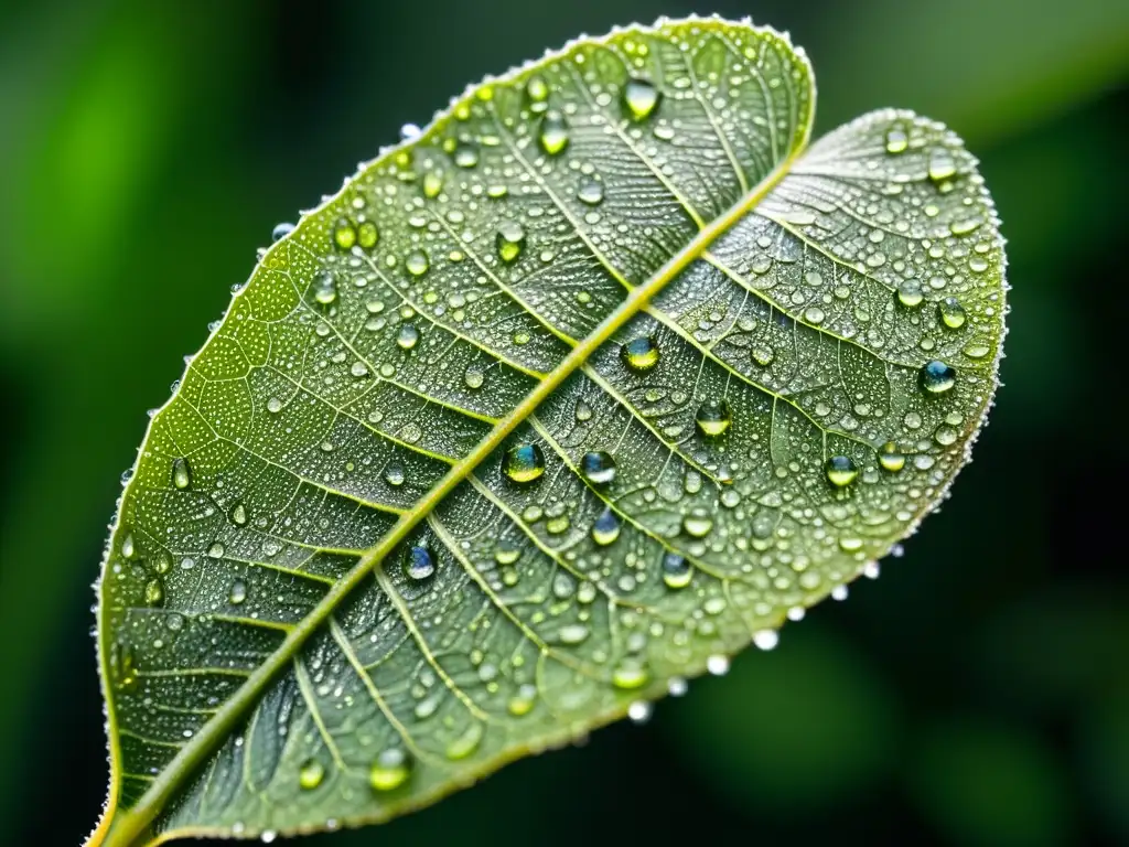 Una hoja verde vibrante cubierta de diminutas gotas de rocío que reflejan la luz, creando un espectáculo de colores y texturas