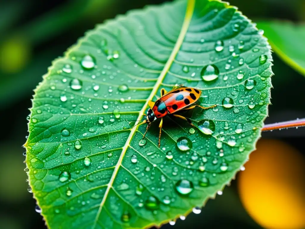 Una hoja verde vibrante cubierta de delicadas gotas de agua, con insectos coloridos mostrando la importancia de los insectos en ecosistemas