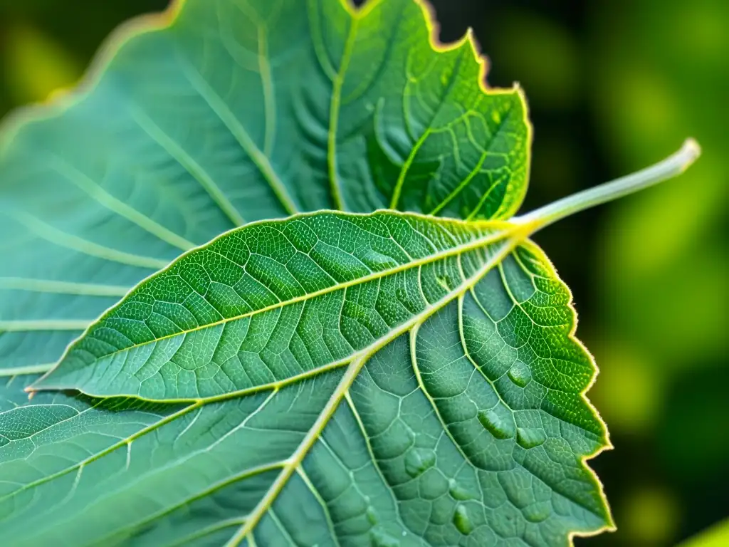 Una hoja verde vibrante con delicadas venas y un insecto translúcido descansando