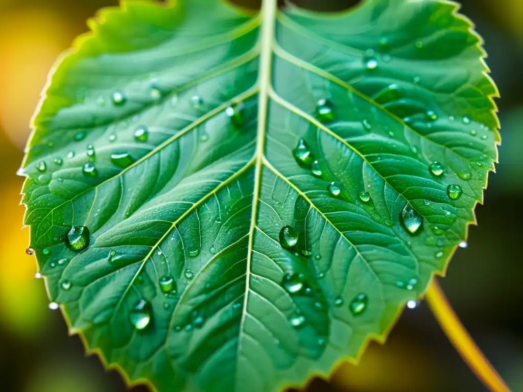 Una hoja verde vibrante con detalladas venas y gotas de agua, muestra la belleza y complejidad de la naturaleza a nivel macro