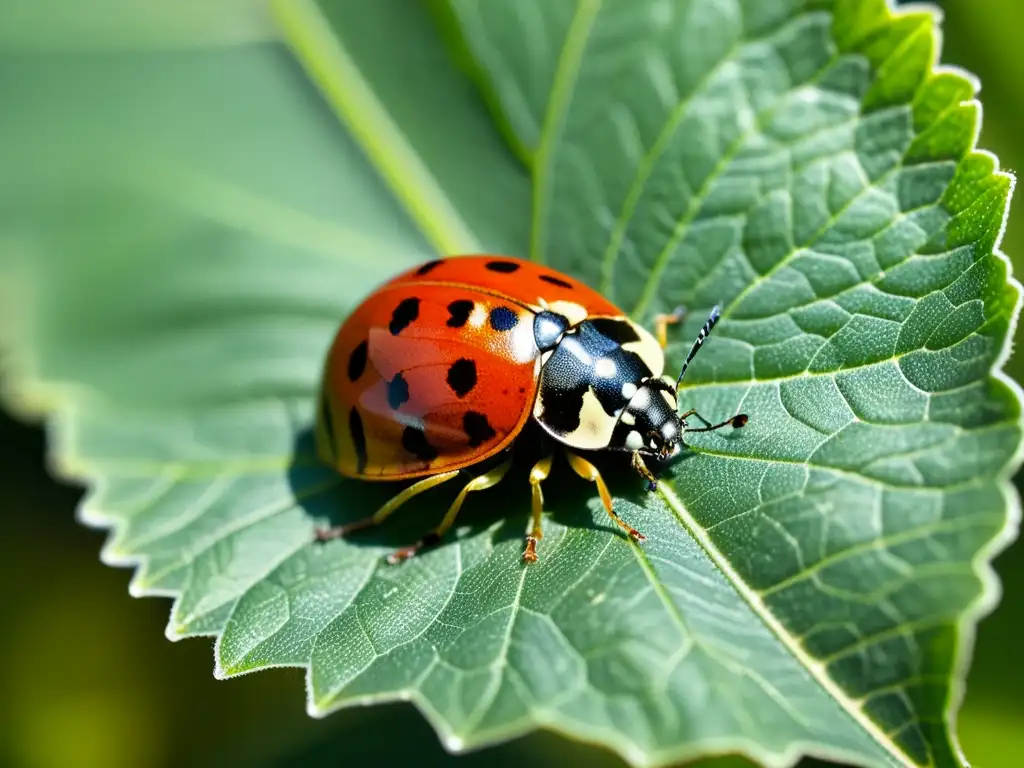 Una hoja verde vibrante con detalladas estructuras de venas, donde diminutos pulgones y mariquitas interactúan en un equilibrio natural