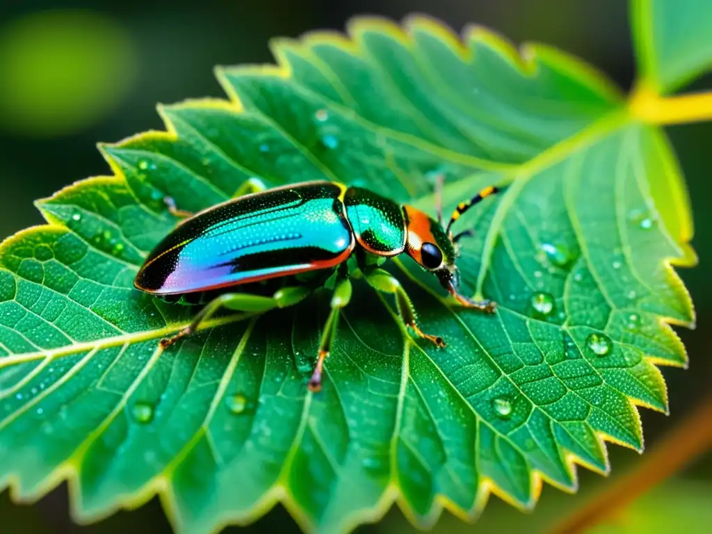 Una hoja verde vibrante con detalles intrincados, donde coloridos escarabajos iridiscentes se comunican