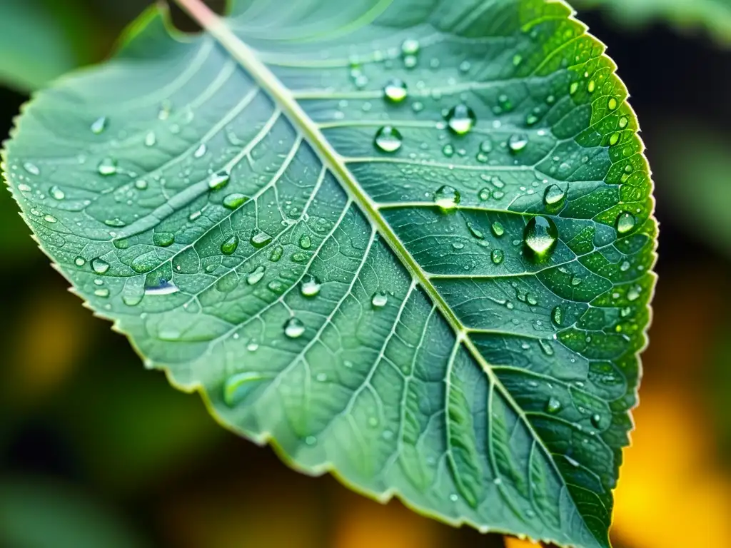 Una hoja verde vibrante con diminutas gotas de agua que refractan la luz del sol, creando un despliegue de colores prismáticos