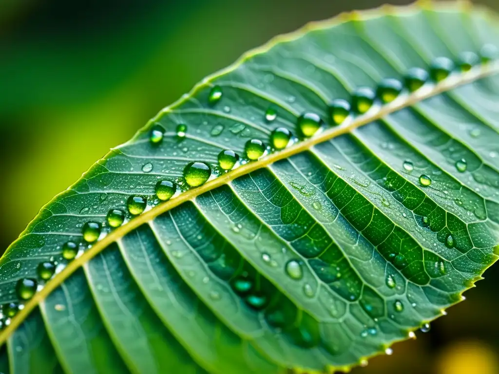 Una hoja verde vibrante con diminutas gotas de agua, reflejando la luz del sol y revelando una red de venas y texturas