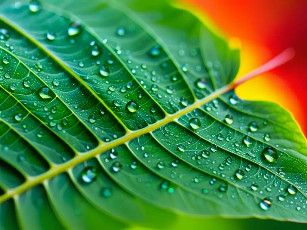 Una hoja verde vibrante con gotas de agua en un fascinante espectáculo de colores del arcoíris