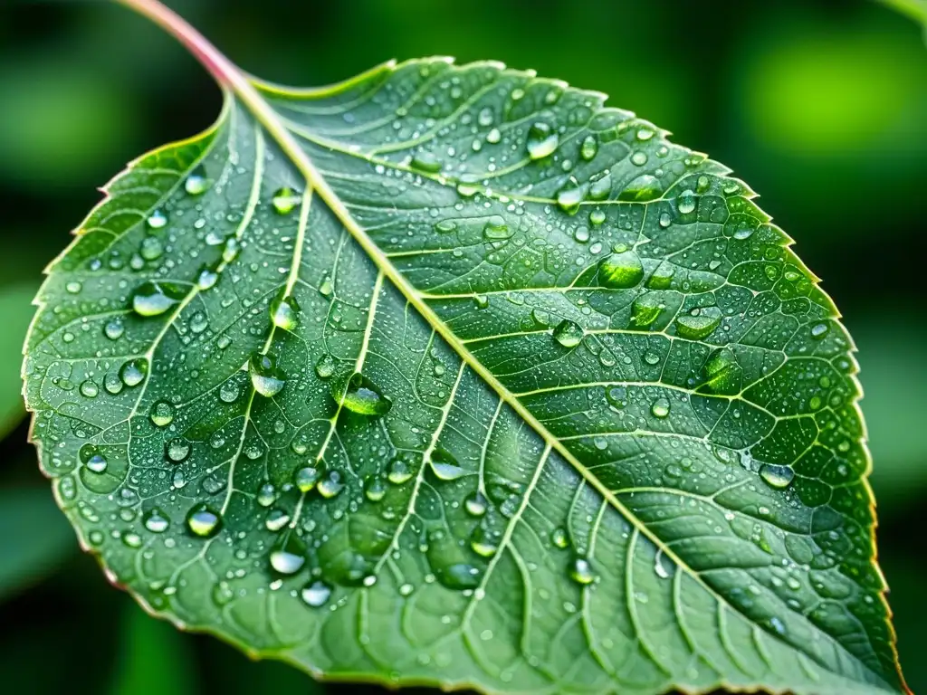 Una hoja verde vibrante con gotas de rocío, reflejando la luz