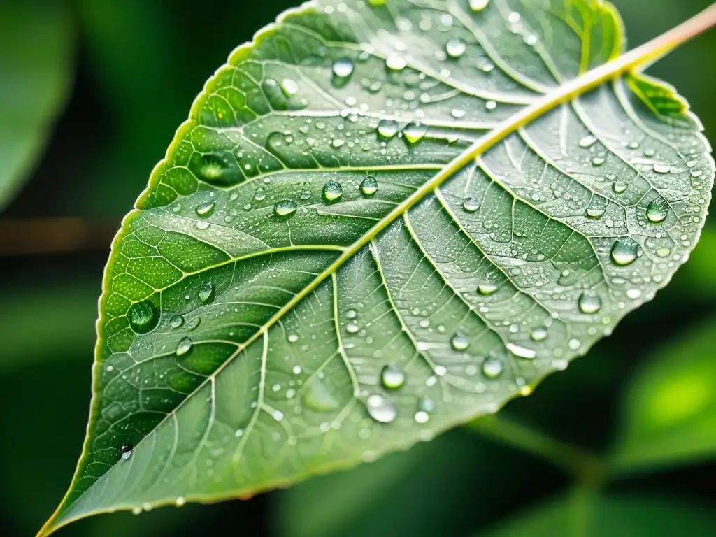 Una hoja verde vibrante con gotas de agua brillantes capturadas en detalle