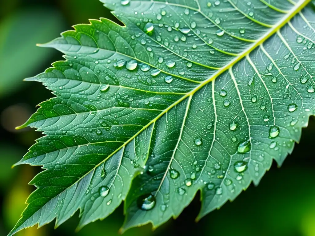 Una hoja verde vibrante con gotas de rocío, resaltando su red de venas