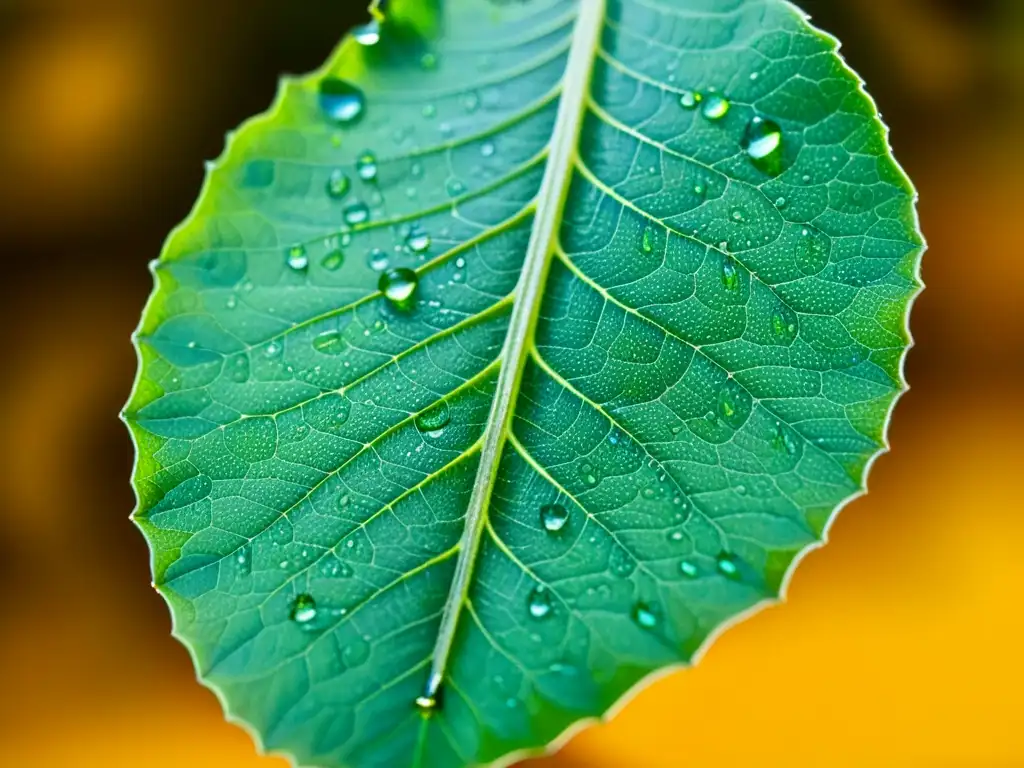 Una hoja verde vibrante con gotas de agua y pequeños insectos, formación entomólogos realidad virtual