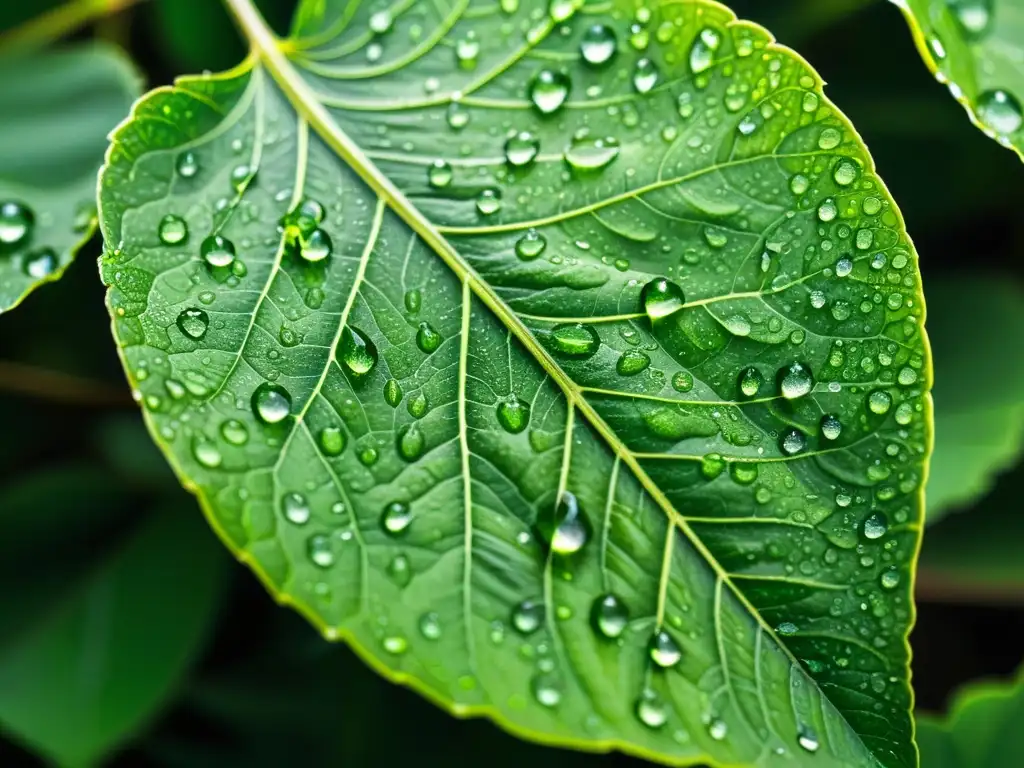 Una hoja verde vibrante con gotas de agua, reflejando su entorno con claridad