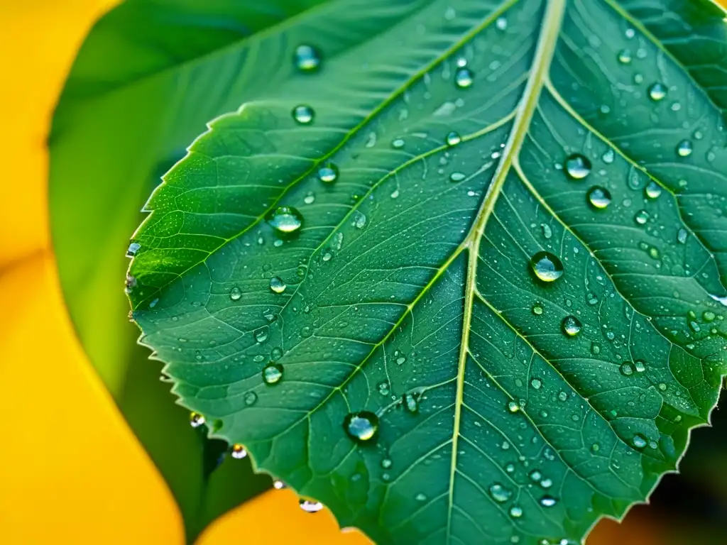 Una hoja verde vibrante con gotas de agua, mostrando la vida insectos