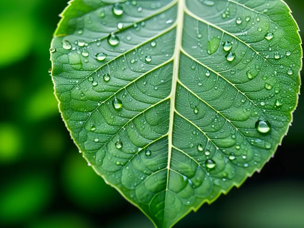 Una hoja verde vibrante con gotas de rocío, revelando un hábitat insecto urbano