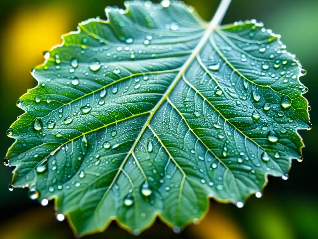 Una hoja verde vibrante con gotas de rocío, que reflejan la luz del sol en un escenario de belleza natural y la importancia ecológica de los insectos