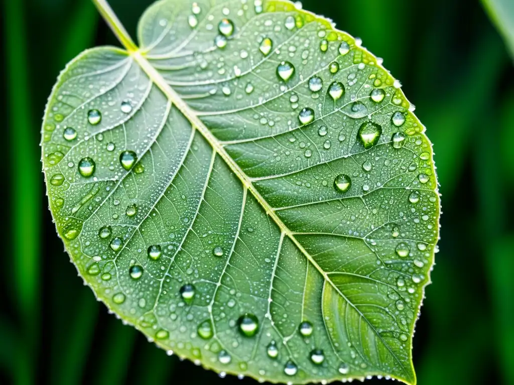 Una hoja verde vibrante con gotas de agua revela alas de insecto traslúcidas