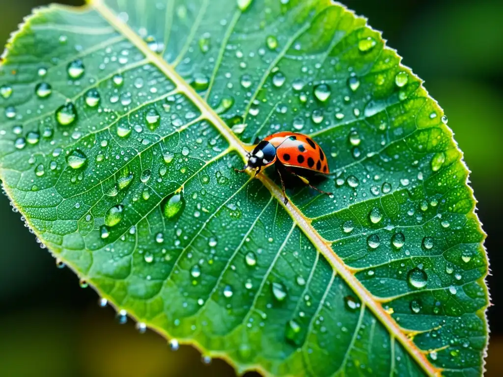 Una hoja verde vibrante con gotas de rocío y coloridos insectos como escarabajos, mariquitas y hormigas