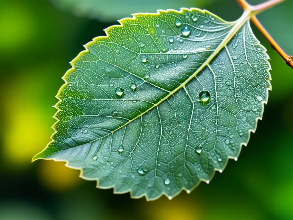 Una hoja verde vibrante con gotas de agua y un insecto delicado, resaltando la longevidad y senescencia en insectos