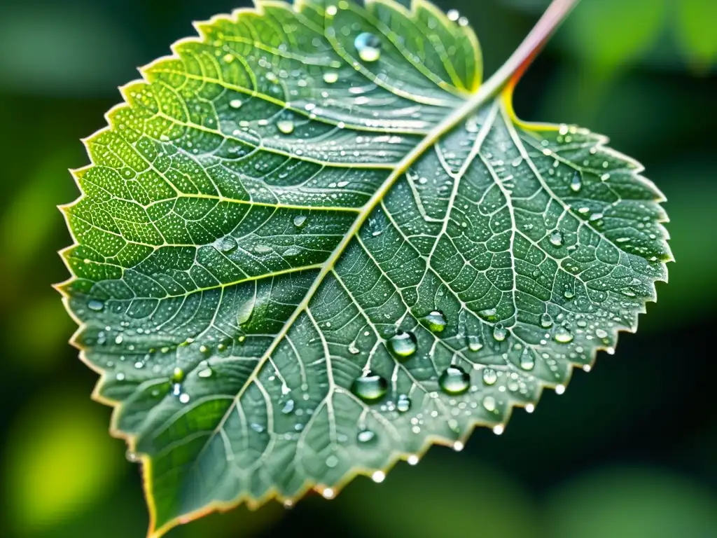 Una hoja verde vibrante con gotas de rocío bajo la luz del amanecer