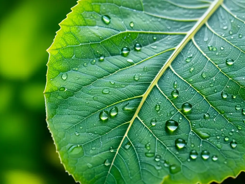 Una hoja verde vibrante con gotas de agua y delicadas patas de insecto