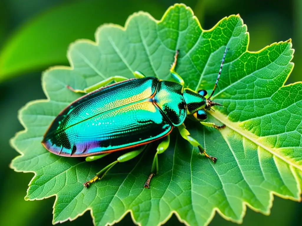 Una hoja verde vibrante con un intrincado patrón de venas, donde reposa un escarabajo iridiscente