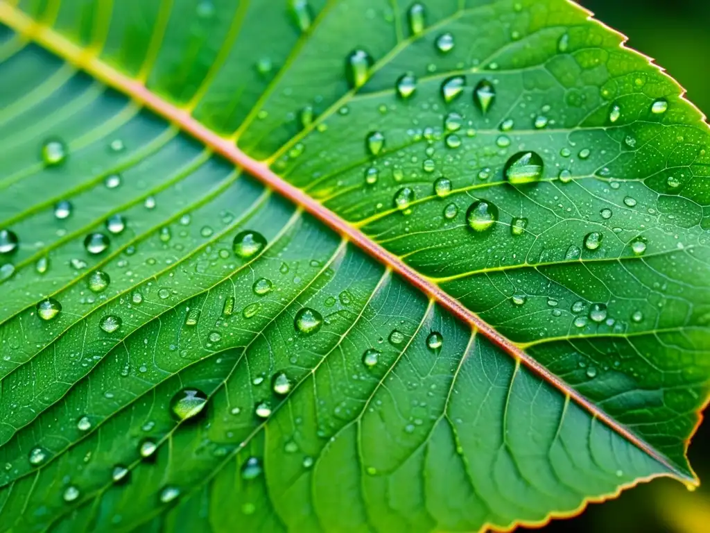 Una hoja verde vibrante con patrones de venas y gotas de agua, mostrando un ecosistema delicado