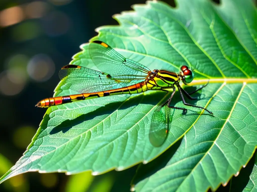 Una hoja verde vibrante con patrones de venas y una libélula iridiscente, resaltando la importancia de los insectos en ecosistemas