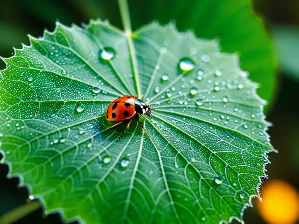 Una hoja vibrante cubierta de delicadas telarañas con gotas de rocío, insectos coloridos