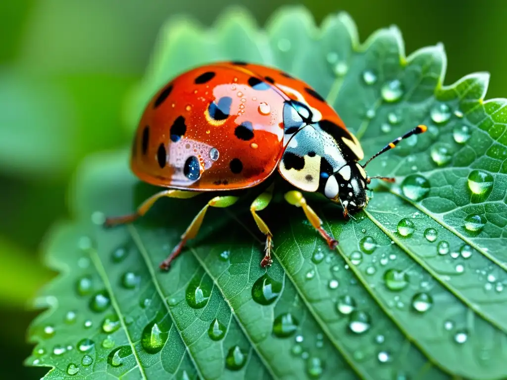 Una hoja vibrante cubierta de gotas de agua con una mariquita