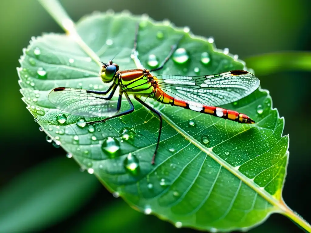 Una hoja vibrante cubierta de gotas de agua con una libélula iridiscente