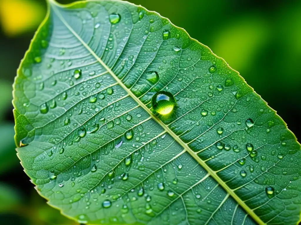 Una hoja vibrante con gotas de agua que reflejan la naturaleza, mostrando la importancia de los insectos en ecosistemas