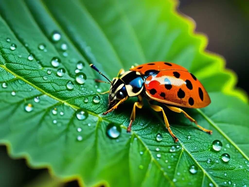 Una hoja vibrante con insectos y gotas de agua, muestra la belleza interconectada de la naturaleza