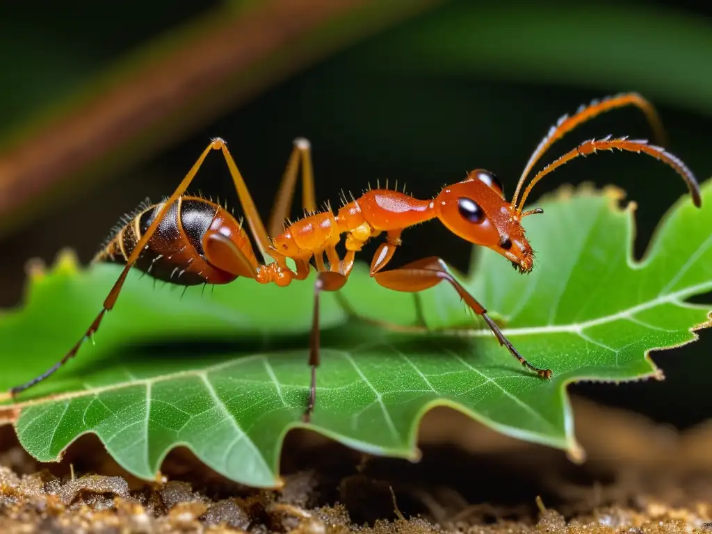 Una hormiga cortadora de hojas llevando con determinación un segmento de hoja cuidadosamente cortado hacia su nido subterráneo