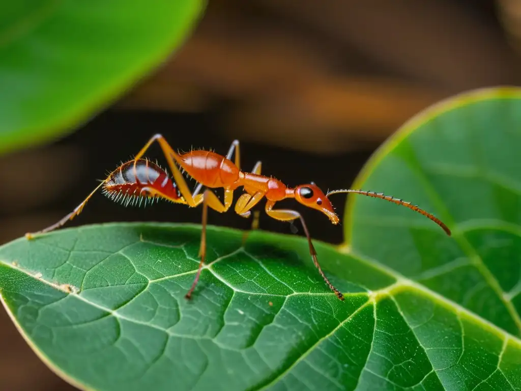 Una hormiga cortadora de hojas lleva con esmero una sección de hoja, destacando la vibrante vida en el ecosistema