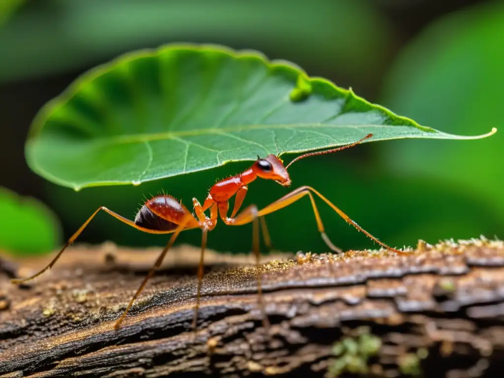 Una hormiga cortadora de hojas lleva una gran hoja en la exuberante selva tropical