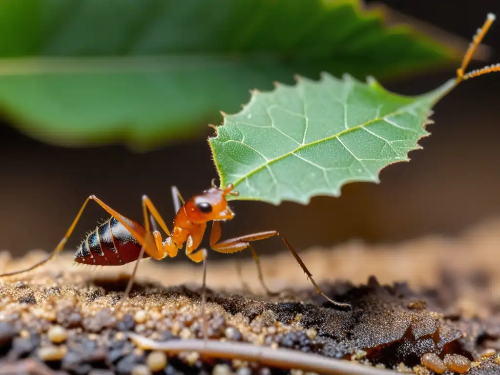 Una hormiga cortadora de hojas lleva una gran hoja verde en un entorno bullicioso