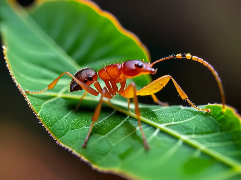 Una hormiga cortadora de hojas llevando una hoja, con bacterias simbióticas en su exoesqueleto