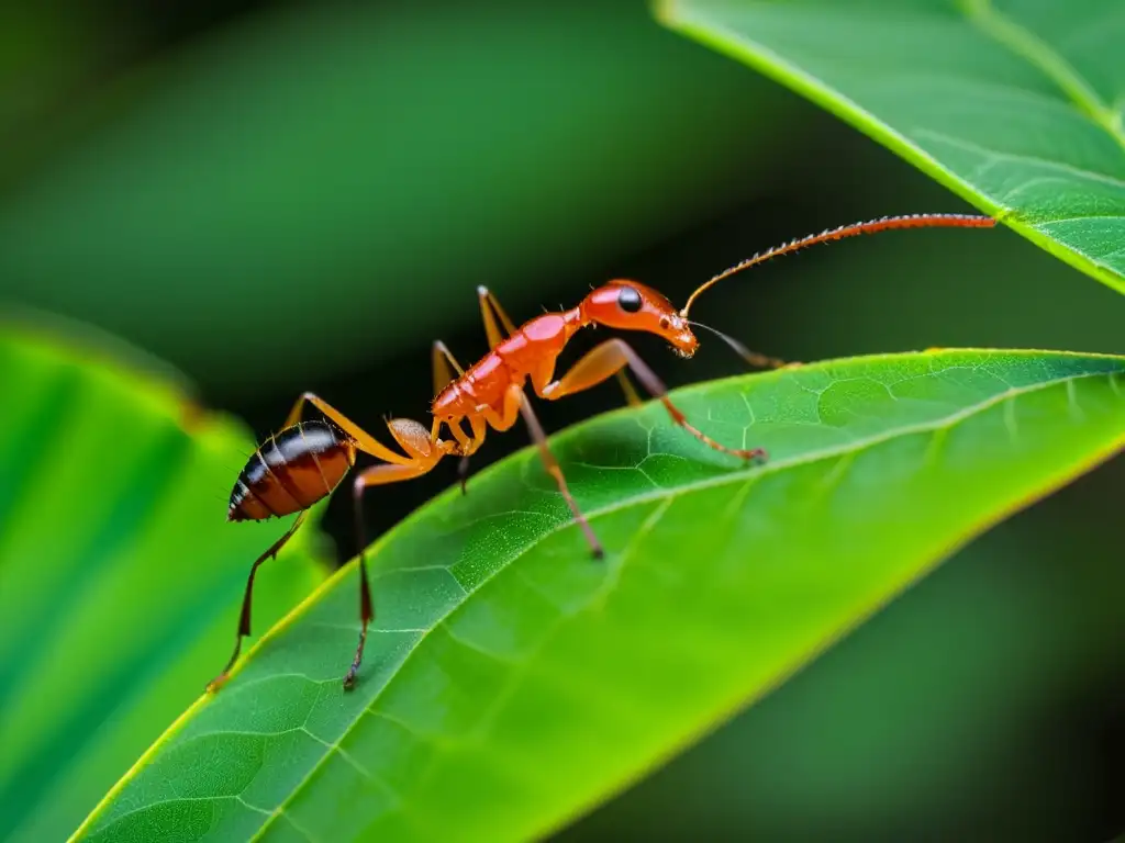 Una hormiga cortadora de hojas lleva una hoja verde vibrante en la selva, destacando la importancia de los insectos en ecosistemas