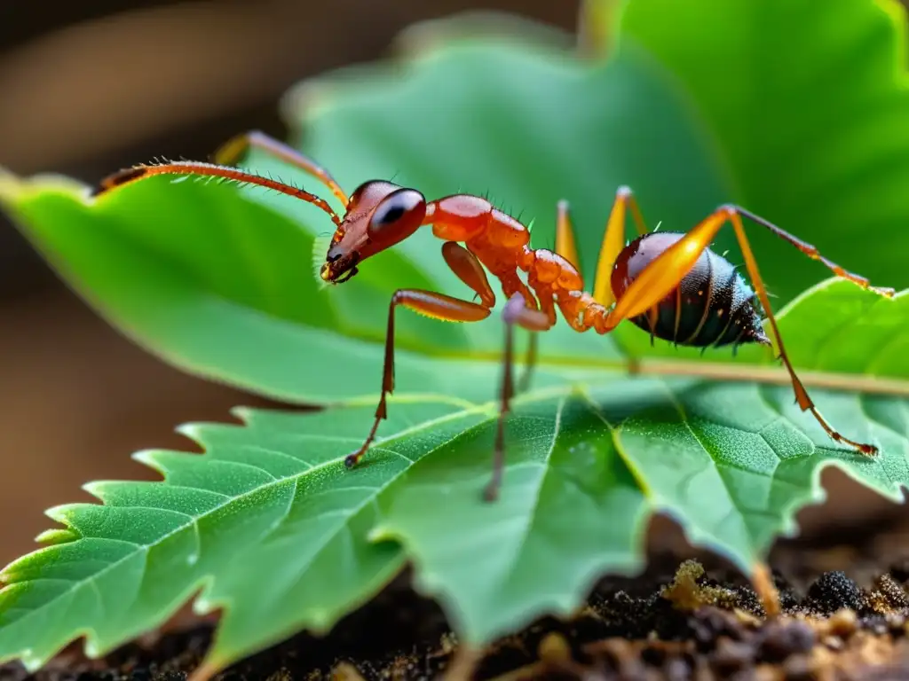 Una hormiga cortadora de hojas llevando una hoja verde vibrante, mostrando detalles intrincados y relaciones simbióticas entre insectos en el bosque