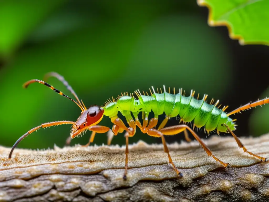 Una hormiga cortadora de hojas lleva una oruga verde espinosa en su espalda en medio de un denso bosque