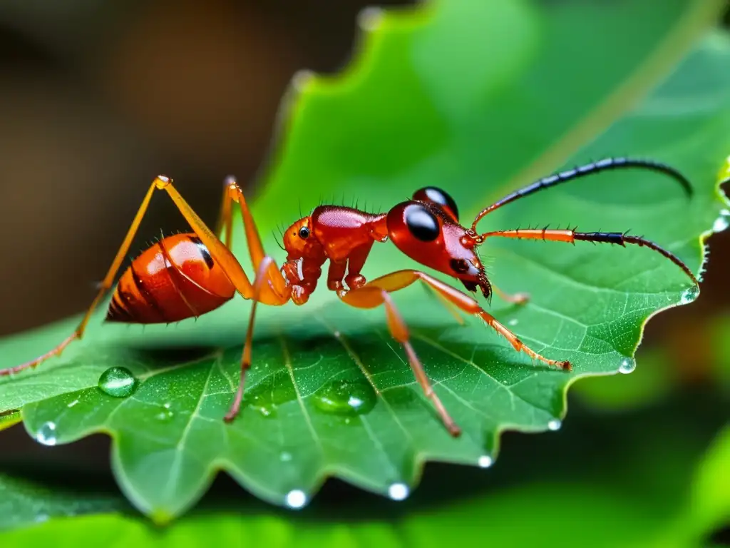 Hormiga cortadora de hojas roja transportando una diminuta hoja en la selva, resaltando su cuerpo segmentado y alas, en una escena macro sorprendente