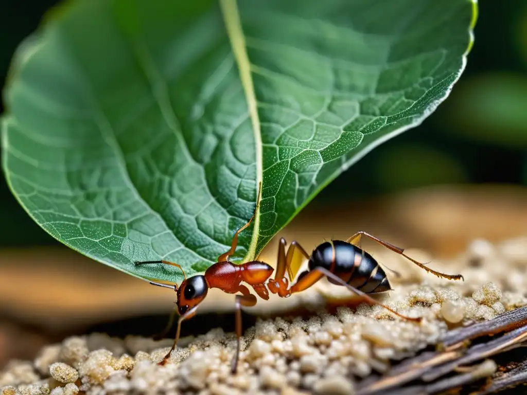 Una hormiga lleva una gran hoja con determinación, destacando las tácticas de supervivencia de insectos de tamaño pequeño