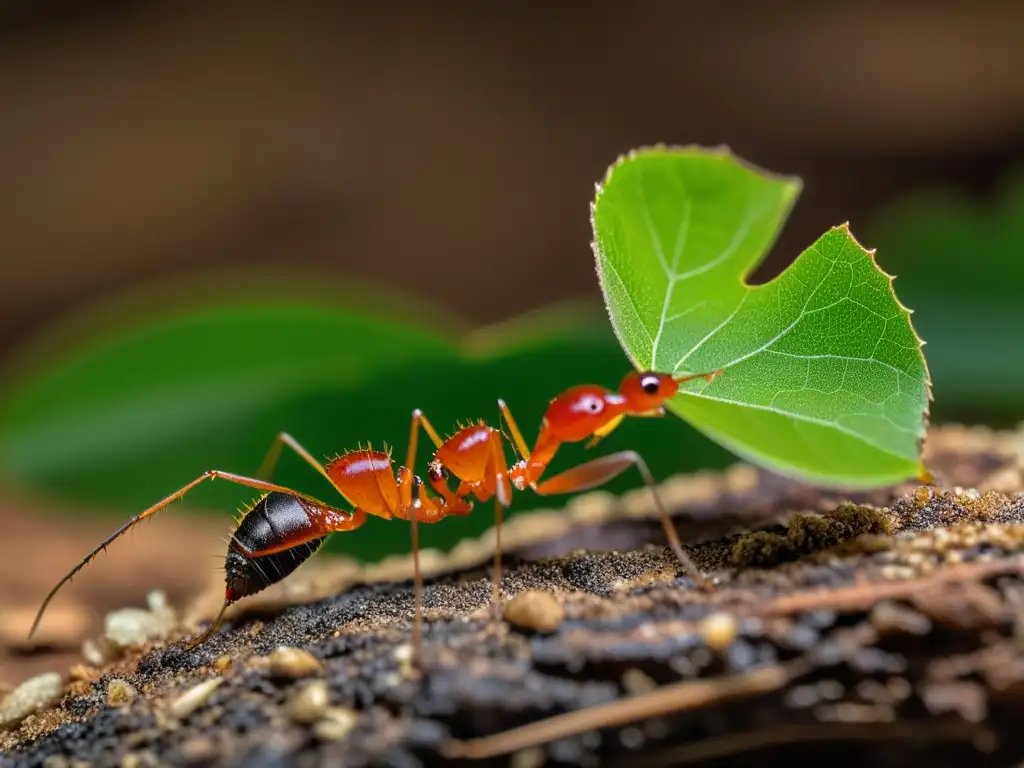 Hormiga ingeniera del suelo llevando una hoja gigante en un entorno vibrante y detallado, mostrando su fuerza y determinación en la naturaleza