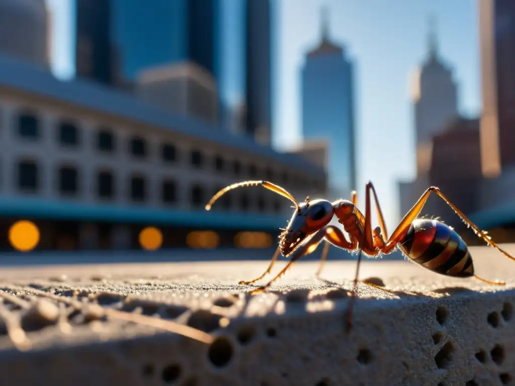 Una hormiga solitaria navega entre la compleja red urbana, destacando la lucha de los insectos en la expansión urbana